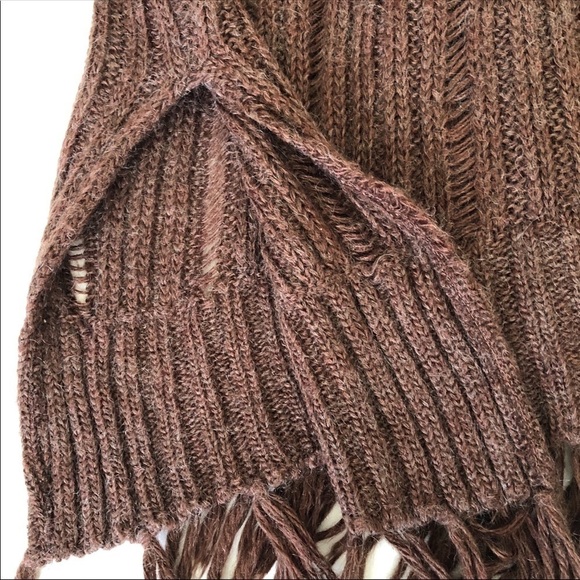 Poncho Sweater Soft Knit Brown Cowl Neck Fringe One Size - Picture 3 of 5